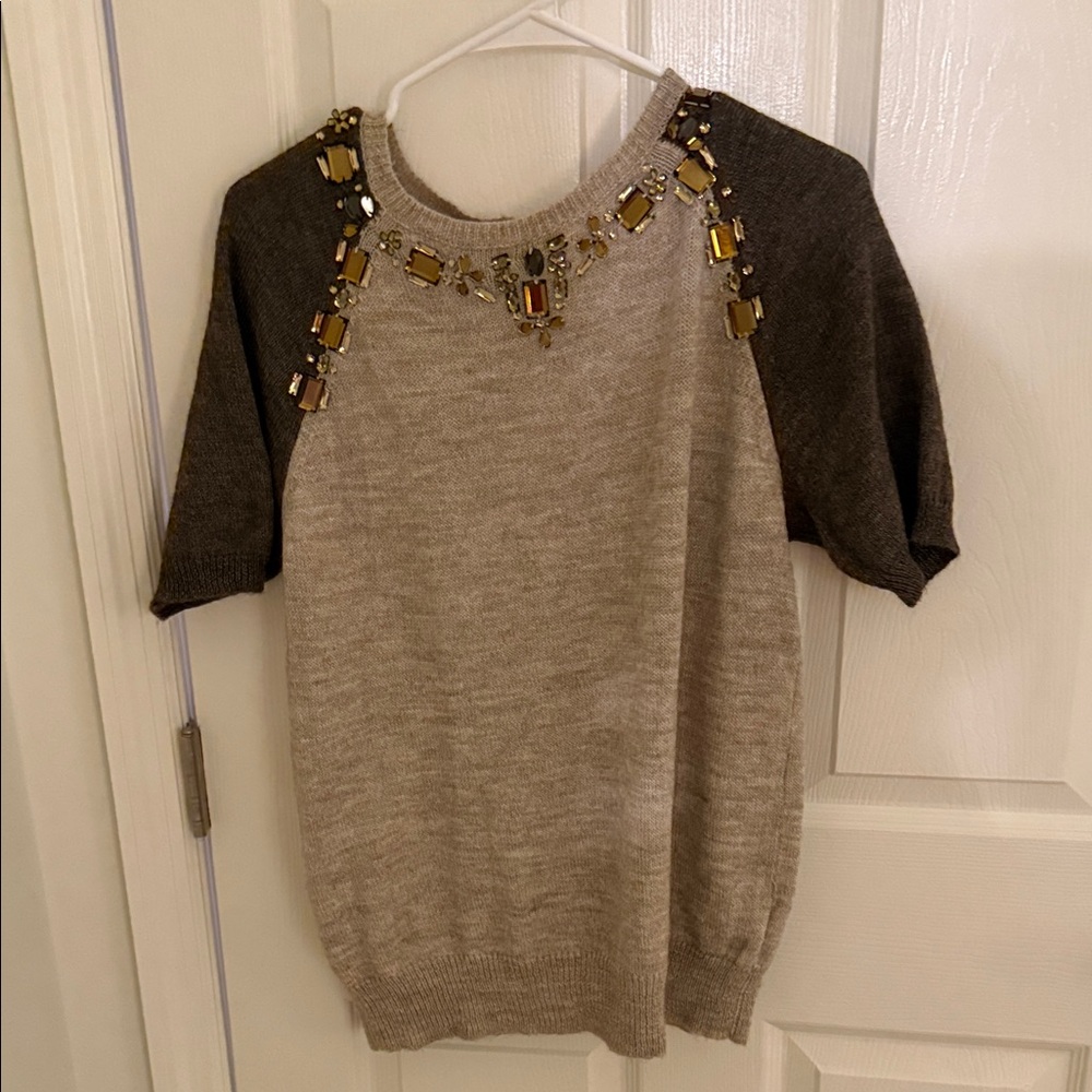 J. Crew Brown and Cream Embellished Sweater